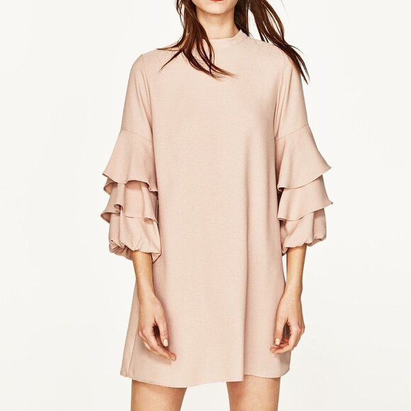 Zara Tan color ruffle sleeve mini dress Size M - Picture 1 of 8